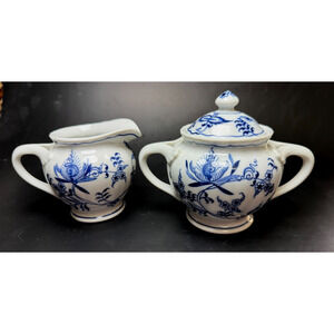 Vintage Set Blue Danube Blue Onion Creamer Covered Sugar Bowl Japan Cottage